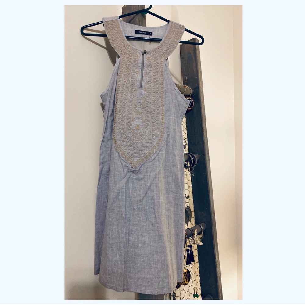 Theme | Gray & Tan | Embroidered | Midi Dress